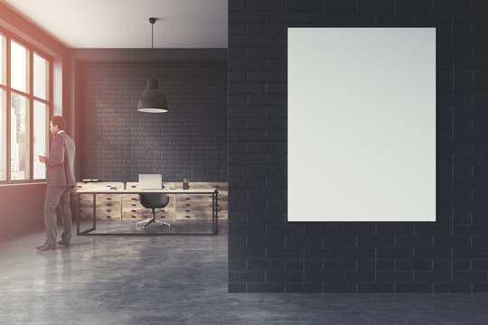 Black brick CEO office interior, poster toned