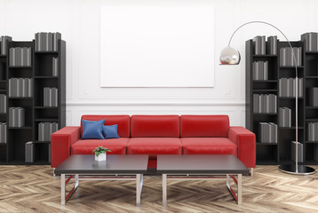 White living room, red sofa, poster