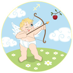Sagittarius. Baby sign of the zodiac. Little boy shoots an arrow at an apple.