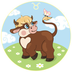 Taurus. Baby sign of the zodiac. Cute calf in a meadow.