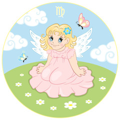 Virgo. Baby sign of the zodiac. Cute girl in pink dress sitting on the grass.