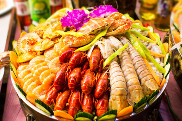 Various seafood arranged on the market street