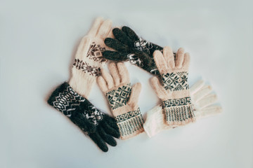 Handmade knitted socks for the cold season. View from above. Many different blue color socks.