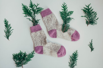 Handmade knitted socks for the cold season. View from above. Many different blue color socks.