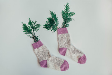 Handmade knitted socks for the cold season. View from above. Many different blue color socks.