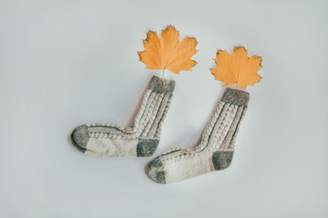 Handmade knitted socks for the cold season. View from above. Many different blue color socks.