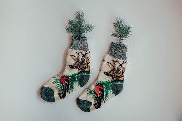 Handmade knitted socks for the cold season. View from above. Many different blue color socks.