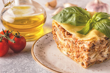 Traditional lasagna made with minced beef bolognese sauce and bechamel sauce.