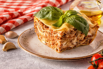 Traditional lasagna made with minced beef bolognese sauce and bechamel sauce.