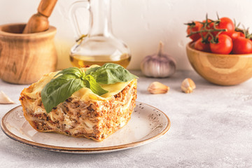 Traditional lasagna made with minced beef bolognese sauce and bechamel sauce.
