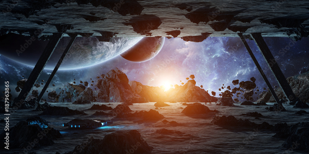 Poster astronauts exploring an asteroid spaceship 3d rendering elements of this image furnished by nasa