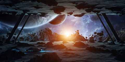 Astronauts exploring an asteroid spaceship 3D rendering elements of this image furnished by NASA - obrazy, fototapety, plakaty