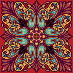 Vector bandana print with paisley ornament. Silk headscarf, kerchief square pattern design, oriental style fabric.