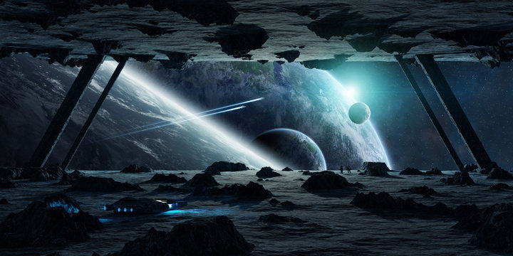 Astronauts exploring an asteroid spaceship 3D rendering elements of this image furnished by NASA