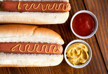 hot dog on a wooden table