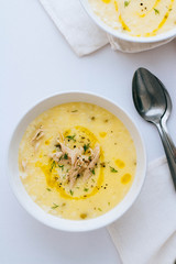 Rice soup with chicken and greens in a white plate on a light background. Top view