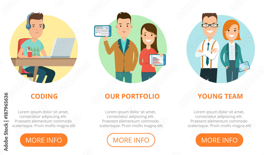 Poster flat page web design template vector. business team