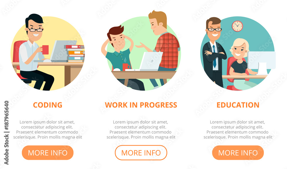 Poster flat page web design template vector. business team