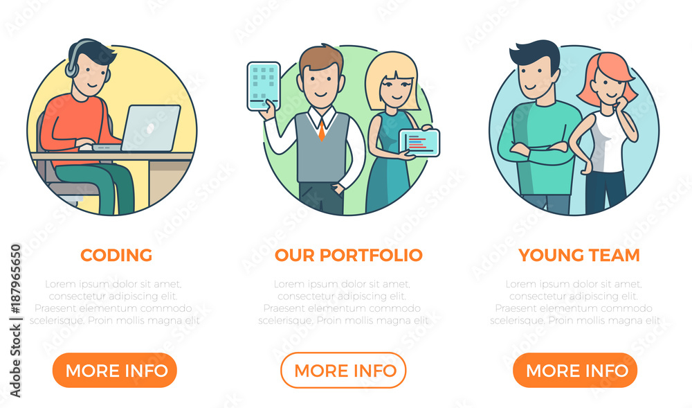 Aufkleber linear flat page web design template vector. business team