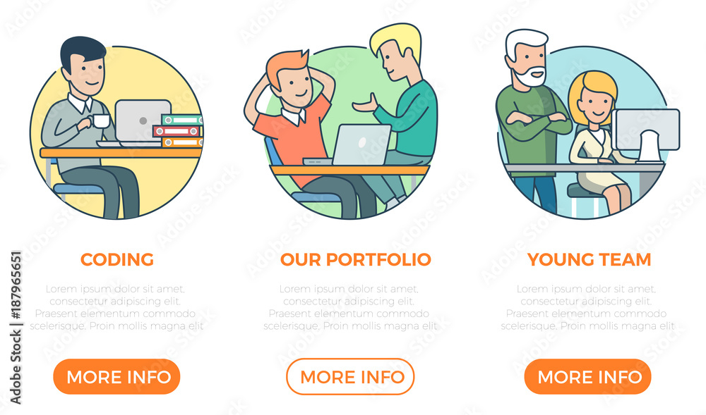 Poster linear flat page web design template vector. business team