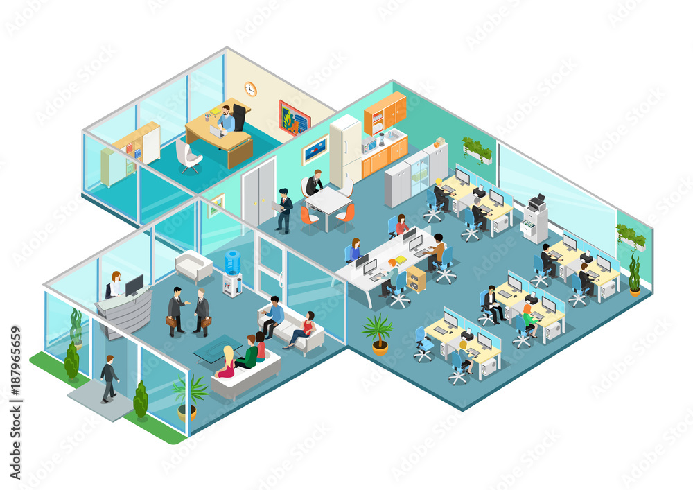 Wall mural flat 3d business isometric office interior vector with people