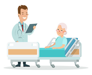 Flat doctor cares old woman health vector. Patient hospital bed