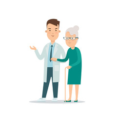 Flat doctor cares old woman health vector. Patient hospital