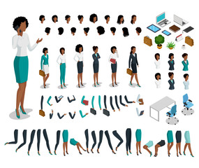 Flat isometric body parts woman vector set. Business character