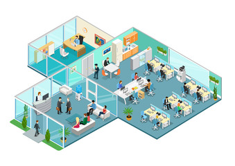 Flat 3d business isometric office interior vector with people - 187965659