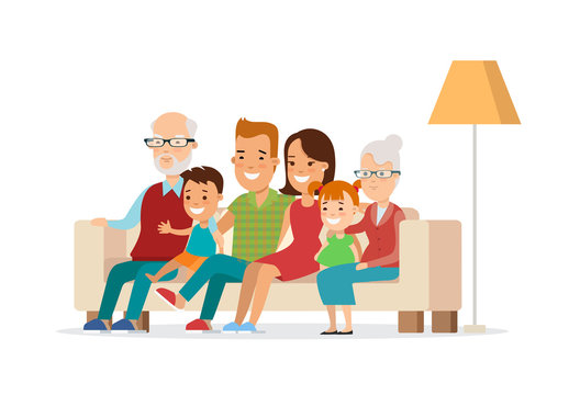 Flat Happy Family Watching TV Vector Illustration. Children