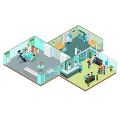 Flat isometric Medical centre interior vector. 3d health care