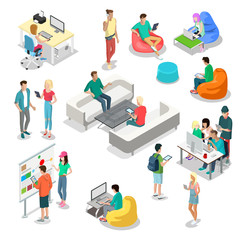 Flat isometric 3d casual people characters vector interior set
