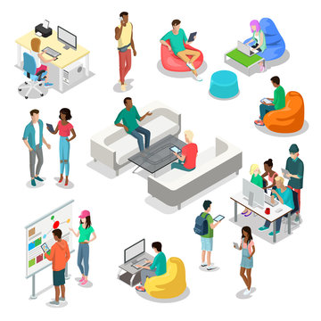 Flat isometric 3d casual people characters vector interior set