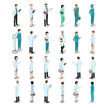 Flat isometric male female doctors nurse medic healthcare vector