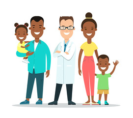 Flat Family children doctor vector characters. Parents kids
