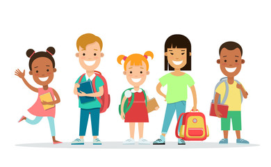 Happy children flat character vector set. Kids education