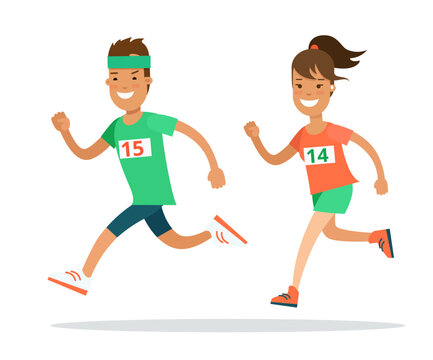 Flat Athlete running runner vector. Man woman jogging marathon