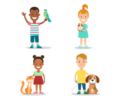 Children pets flat character vector set. Kids animals: cat, dog