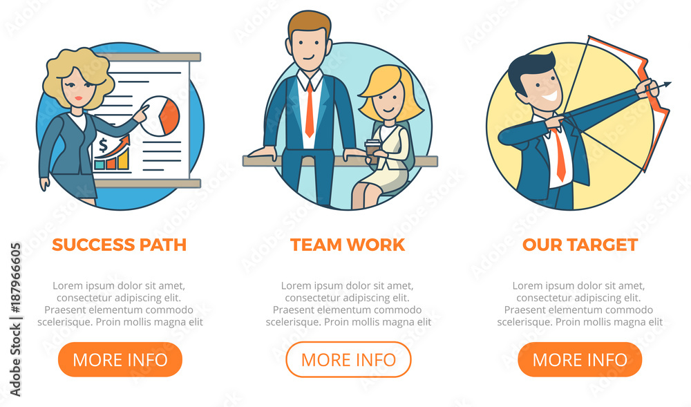 Poster linear flat page web design template vector. business team