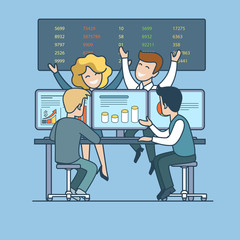 Linear flat line art business office interior desk people vector