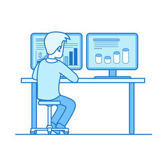Linear flat line art business office interior desk people vector