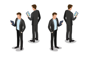 Flat isometric business Businessman tablet character vector