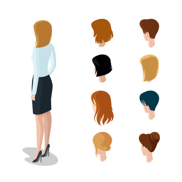 Flat isometric head types woman hair style constructor vector