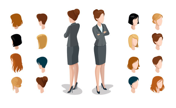 Flat isometric head face types woman hair style constructor vector