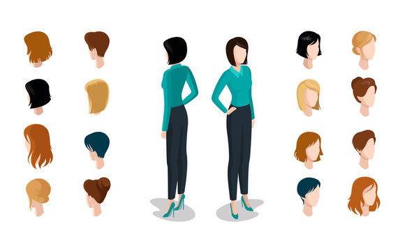 Flat isometric head face types woman hair style constructor vector