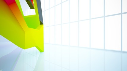 Abstract white and colored gradient  interior multilevel public space with window. 3D illustration and rendering.