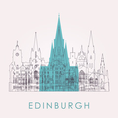 Outline Edinburgh skyline with landmarks. Vector illustration. Business travel and tourism concept with historic buildings. Image for presentation, banner, placard and web site.