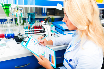 Young attractive woman scientist researching in the laboratory