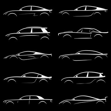 Set of white silhouette car on black background. Vector illustration.