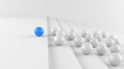 Leadership concept, blue leader ball with whites go up the steps, on white background. 3D Rendering.